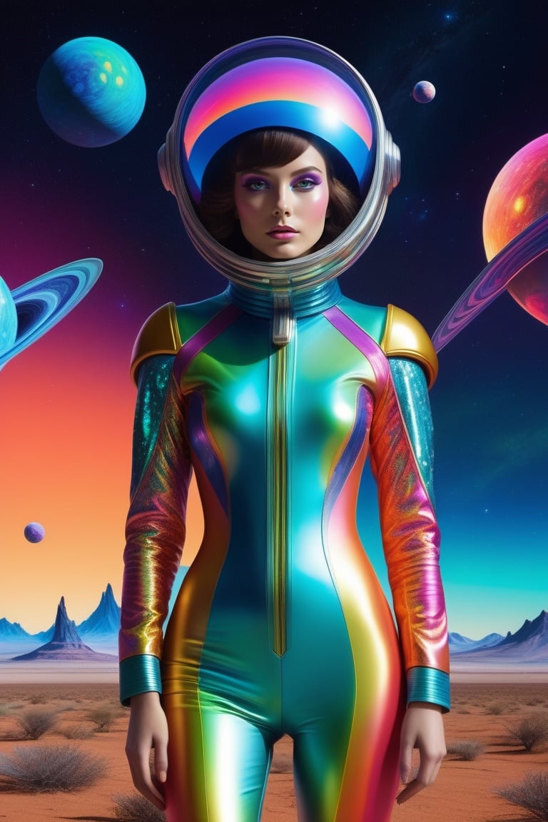 On an alien planet that seems plucked from the vibrant dreams of the 1960s, a space girl emerges as a striking vision. Her attire, a full space latex suit, glistens with a lustrous shine, the material reflecting an array of dazzling colors that seem to shift and blend like a psychedelic painting.

The suit, adorned with intricate patterns of swirling, kaleidoscopic hues, clings to her form with an almost surreal elegance. Each curve of her body is accentuated, and the suit shimmers as if it's woven from the very fabric of the cosmos itself.

A space helm encases her head, its surface an iridescent marvel that captures the radiance of the alien planet's exotic atmosphere. The visor, a polished, oversized gem, shields her eyes with an otherworldly glow, its intricate fractal patterns refracting the planet's bizarre, vibrant colors.

As she steps onto the surreal terrain of the alien planet, the ground beneath her feet seems to pulse with a bioluminescent energy. The flora and fauna of this world are equally extraordinary, with hues of neon and fluorescent shades painting the landscape.

The air is alive with strange, ethereal sounds, and the sky above swirls with a mesmerizing display of vivid auroras, casting an unearthly light upon the surroundings. It's a visual masterpiece of sci-fi imagination and 1960s-inspired retro-futurism, where the space girl becomes a living embodiment of a psychedelic voyage through the cosmos.