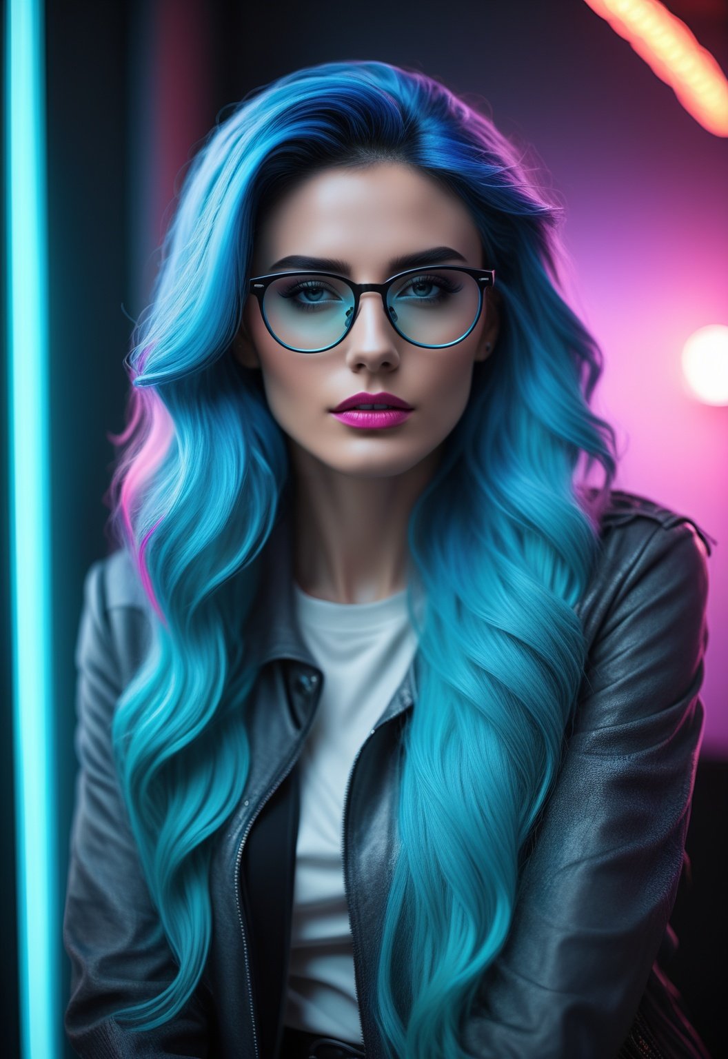 masterpiece, ((fantasy)1.5 photography, high-quality imagery),woman, blue hair, black frame glasses, rockstar, futuristic, neon, long wavy hair, cellphone, background in a room, realistic style, 8k,exposure blend, medium shot, bokeh, (hdr:1.4), high contrast, (cinematic), (muted colors, dim colors, soothing tones:1.3), low saturation, (hyperdetailed:1.2), (noir:0.4), (natural skin, skin pores, detailed skin), (intricate, vibrant, dramatic, sharp focus, dslr, Fujifilm XT3),3d toon style,neon photography style,photo r3al