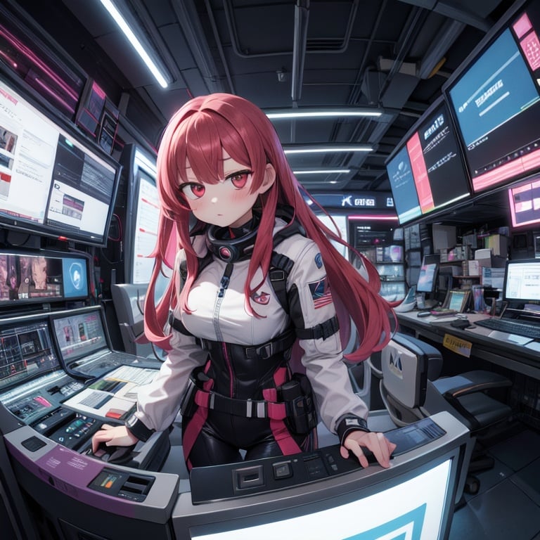 (absurdres, highres, ultra detailed, precision:1,2), Illustrate, BREAK1girl, red eyes, space colony,  cyberpunk, future, Inside, O'Neil, BREAK<lora:flat2:-0.3>, <lora:noline:0.5>