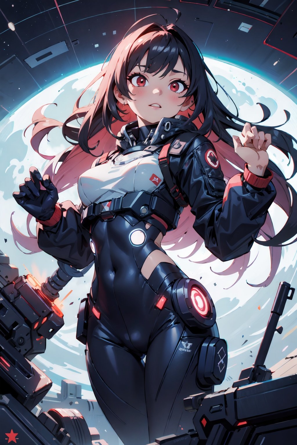 (absurdres, highres, ultra detailed, precision:1,2), Illustrate, BREAK1girl, red eyes, space colony,  cyberpunk, future, Inside, O'Neil, BREAK<lora:flat2:-0.3>, <lora:noline:0.5>