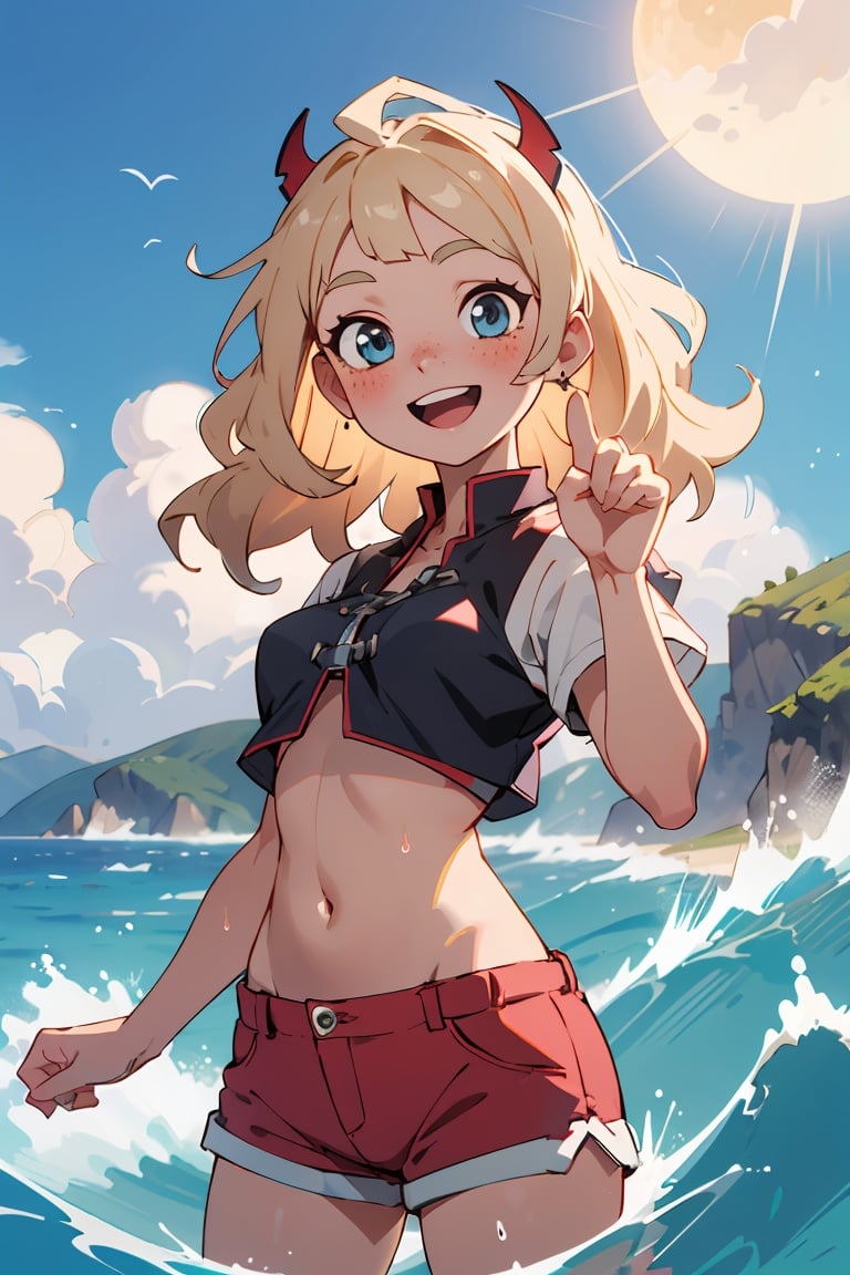 (masterpiece,  best quality,  anime),  1girl,  upper body,  paw pose,  smile,  laughing,  happy,  ocean,  crop top,  shorts,  blonde,  freckles,  blush,  looking at viewer,  wavy hair,  long hair,  cloud,  splashing,  waves,  sun,  mountain,  wet,  BREAK(Helltaker:1.2)