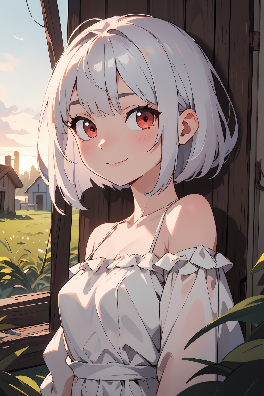absurdres, highres, ultimate detailed, Portrait, looking at viewer, BREAK(evening1.4), sunset, (1girl:1.4), beautiful girl, Little smile, upright immovable, (white Off Shoulder sundress:1.2), (silver hair:1.2), (red eyes), medium bob hair, BREAKoutdoor, wrecked timber house, wild vegetation, echoes of past, (arresting melancholy), ultra detailed, exceptional quality, compelling piece, depth of field