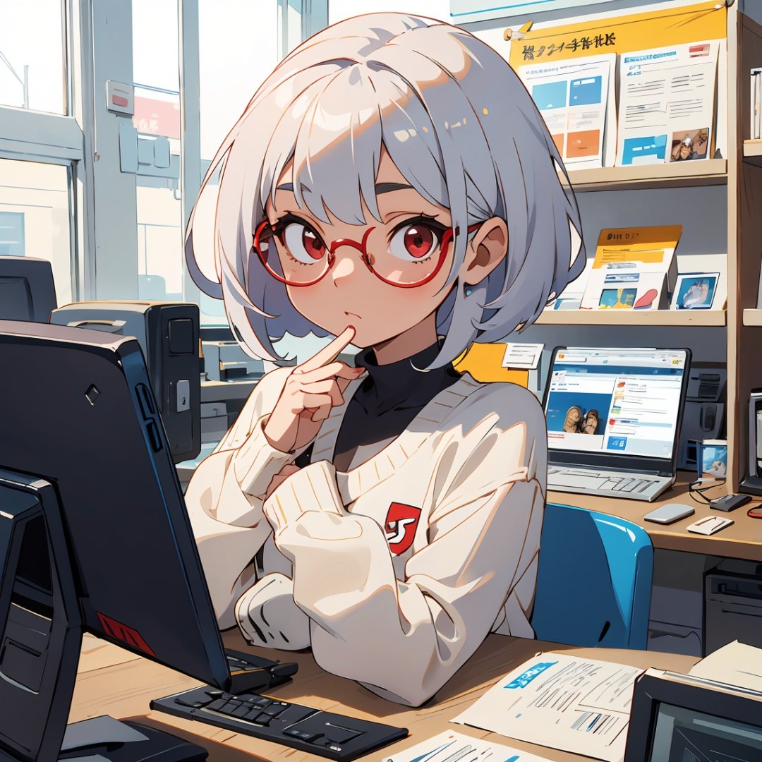 (absurdres,  highres,  ultra detailed,  perfect anatomy:1.2),  anime,  (Portrait),  BREAK(1girl:1.3),  solo,  flat chest,  waved hair,  silver hair,  bob hair,  (red eyes:1.2),  looking at viewer,  BREAKA girl browsing through used computers on a shelf at a computer shop. She is wearing a plain sweater and glasses. BREAKShe looks curious and interested in the different models and brands. The shop is crowded with other customers and staff. BREAKThere are posters and signs on the walls advertising various deals and discounts. BREAKThe computers are arranged by size,  color,  and price. Some of them have stickers or labels on them indicating their features or specifications.