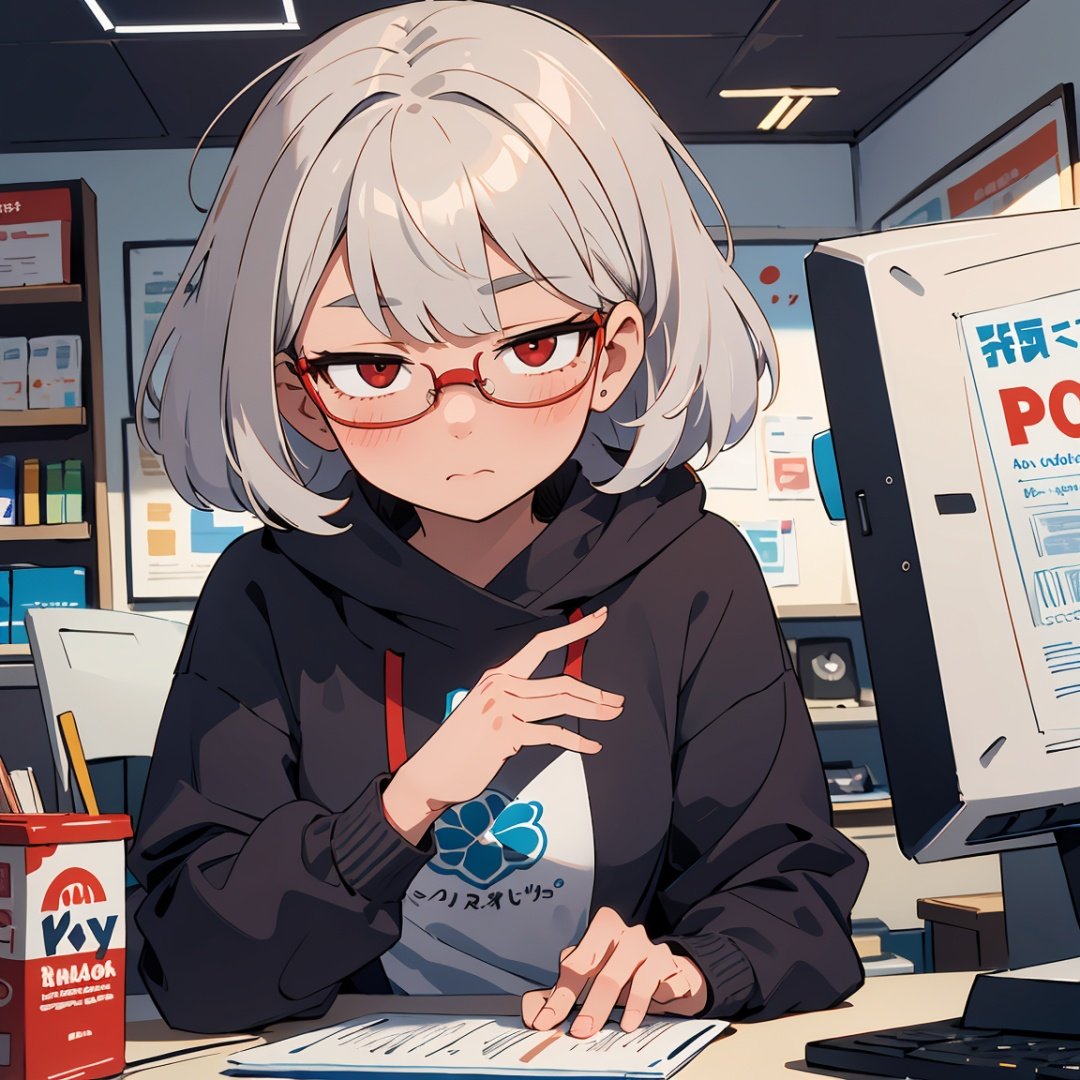 (absurdres,  highres,  ultra detailed,  perfect anatomy:1.2),  anime,  (Portrait),  close-up,  BREAK(1girl:1.3),  solo,  flat chest,  waved hair,  silver hair,  bob hair,  (red eyes:1.2),  looking at viewer,  BREAKA girl browsing through used computers on a shelf at a computer shop. She is wearing a plain sweater and glasses. BREAKShe looks curious and interested in the different models and brands. The shop is crowded with other customers and staff. BREAKThere are posters and signs on the walls advertising various deals and discounts. BREAKThe computers are arranged by size,  color,  and price. Some of them have stickers or labels on them indicating their features or specifications.