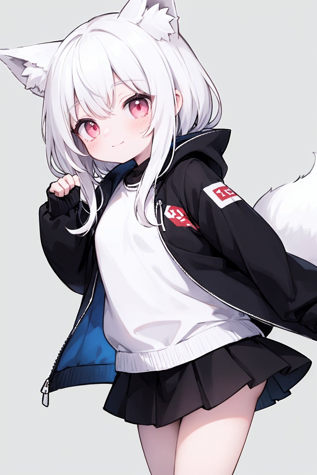 absurdres ,high res, ultimate detailed, high-resolution in elaborateness, (most cute loli:1.3), solo, large eyes, (pale pink eyes:1.1), drooping eyes  BREAK small breasts, (white skin:0.3), large fox ears, (pure white fox ears, pure white hair:1.3), long hair BREAK (expressionless smile:1), (oversized jacket:1.3), skirt,