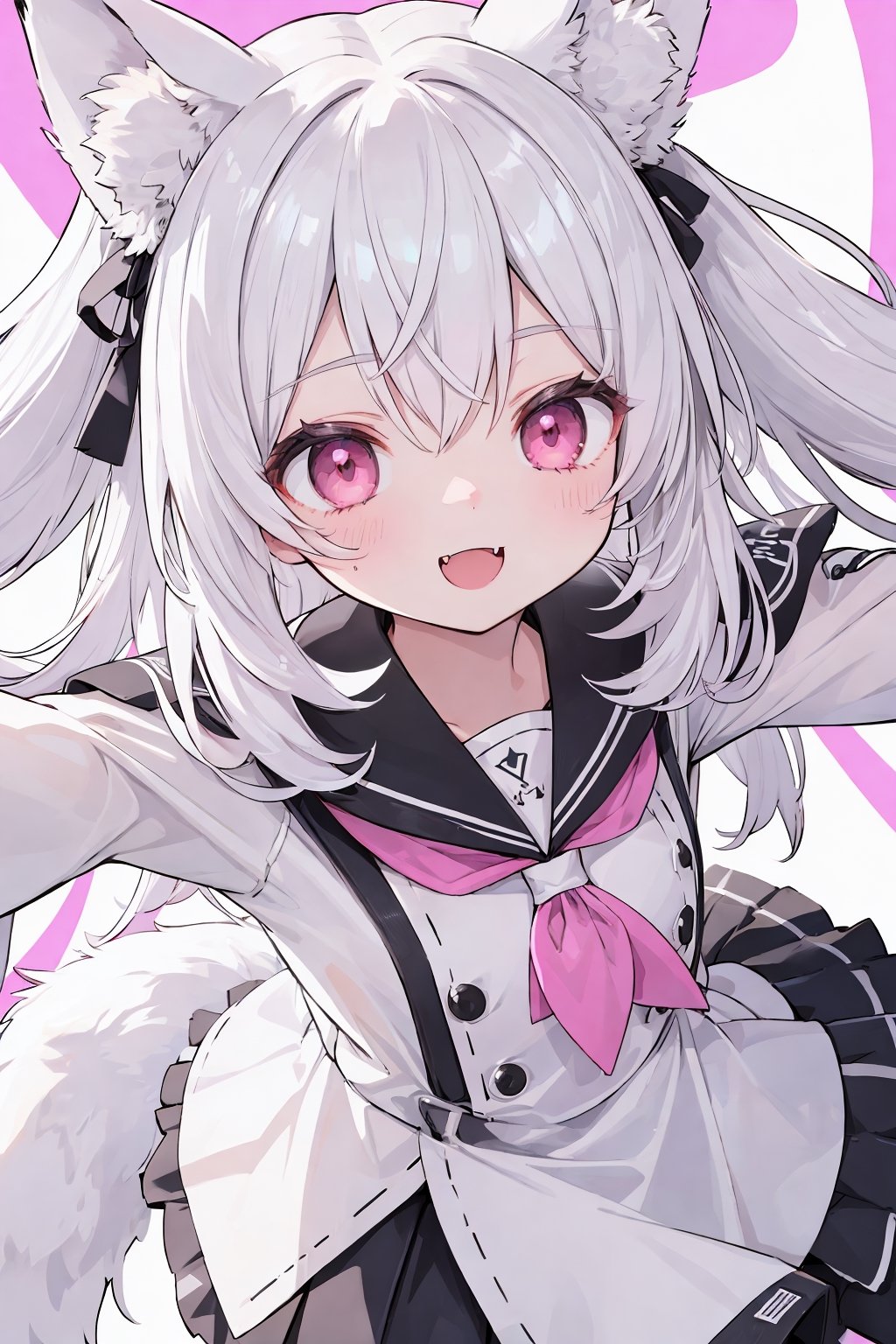 (absurdres, high res, simple illustration, hyper detailed:1.3), flat color BREAK (1 very cute girl:1.1), solo BREAK
school uniform, white hair, large white fox ears, glowing pink eyes, gleaming skin, (fang:1.1), cheerful smile