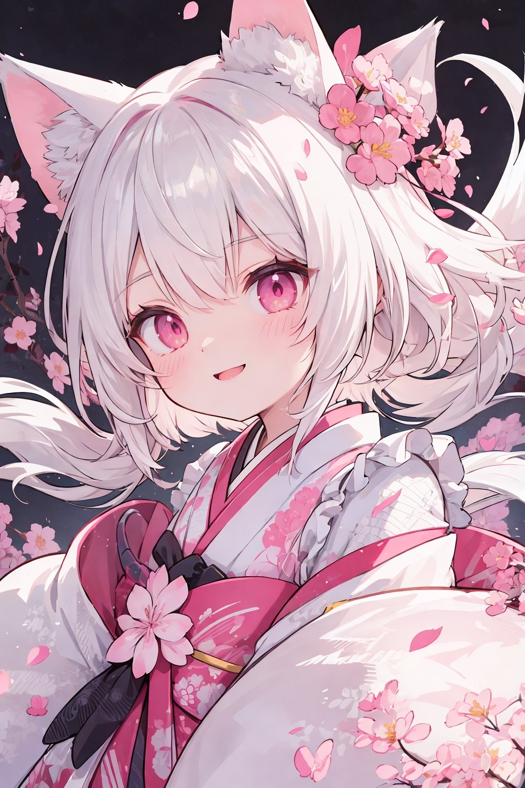 (absurdres, high res, simple illustration, hyper detailed:1.3) BREAK (1 very cute girl:1.1), solo BREAK
kimono, white hair, large white fox ears, glowing pink eyes, smile, sakura, flyig pink petals