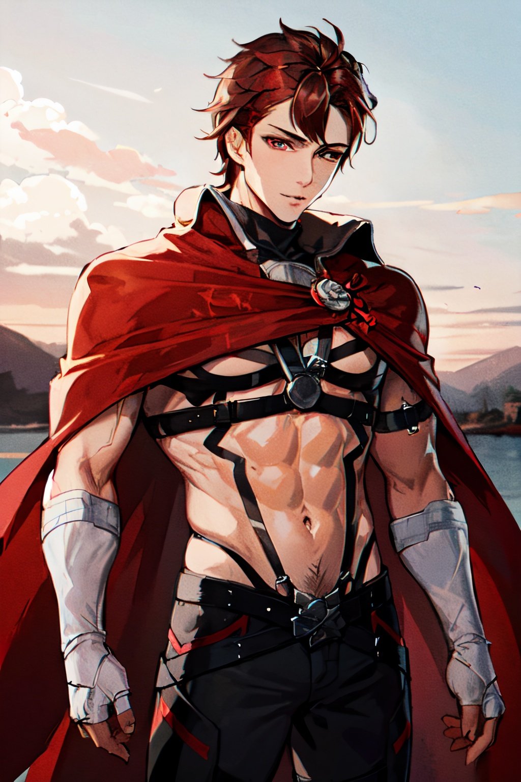 masterpiece, best quality, highres, diamant,1boy, red hair, red eyes, cape, bare chest