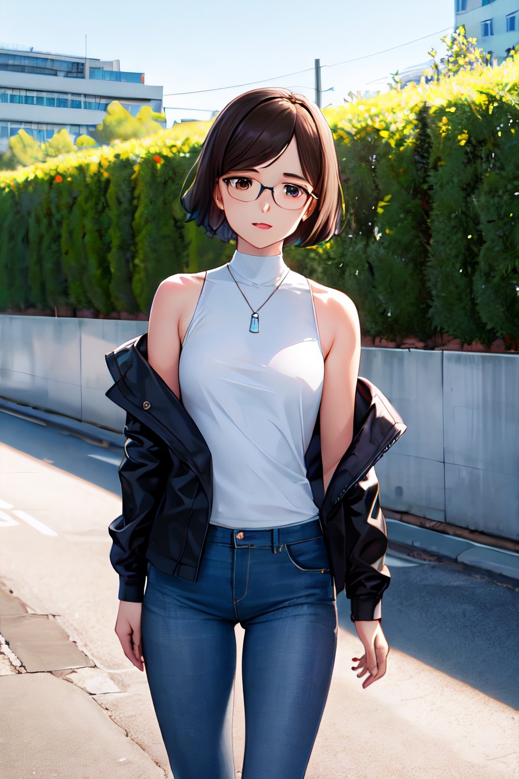 masterpiece, best quality, highres, china, brown eyes, brown hair, short hair, glasses, cowboy shot, jacket, jeans, bare_shoulders, outdoor