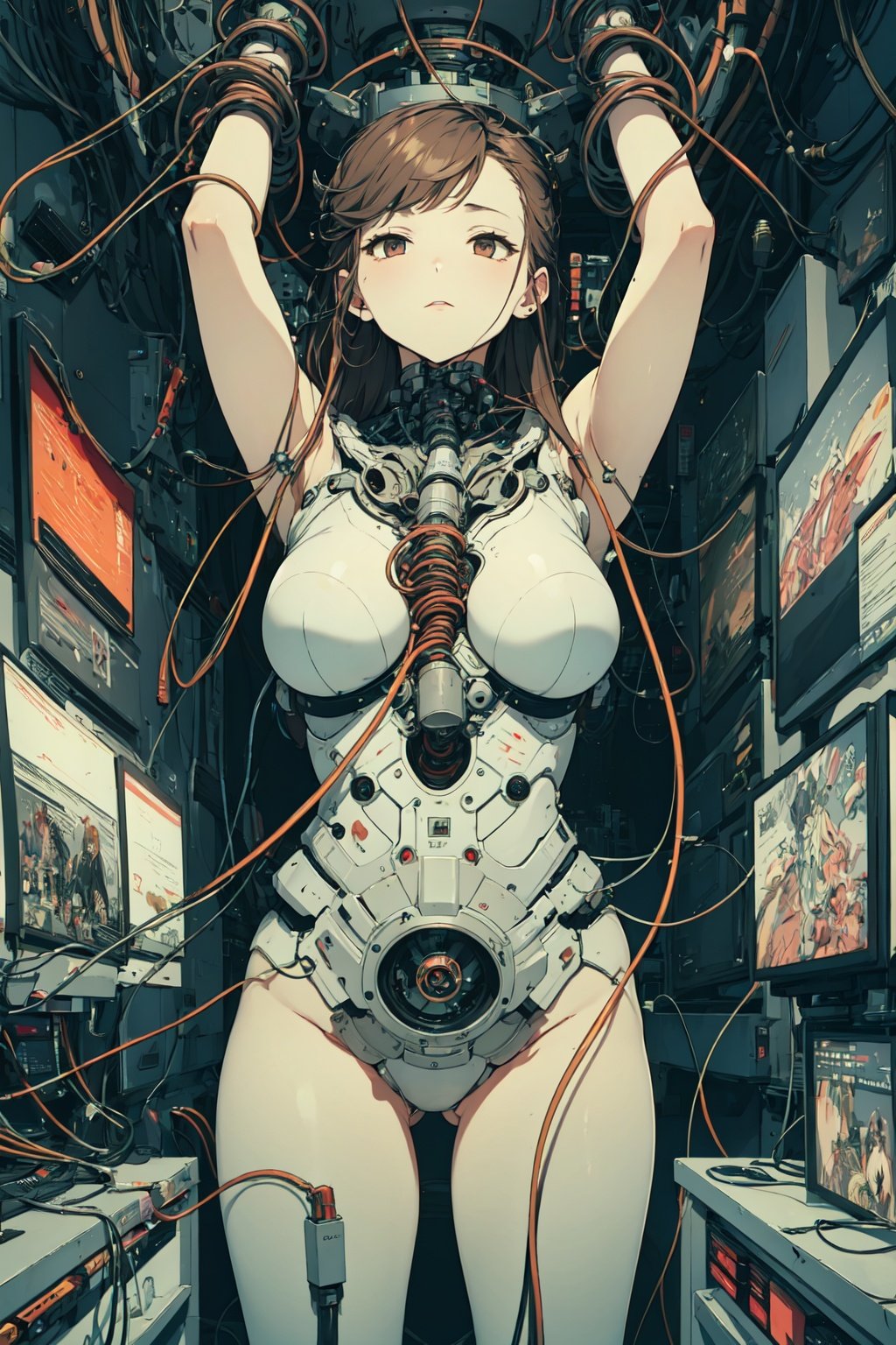 (masterpiece, top quality, best quality, official art, beautiful and aesthetic:1.2), extreme detailed,colorful,highest detailed ((ultra-detailed)), (highly detailed CG illustration), ((an extremely delicate and beautiful)),cinematic light,cultivation tank,1girl, solo, restrained, science fiction, bound, arms up, bondage, bdsm, long hair,bodysuit,machine made joints,blood vessels connected to tubes,mechanical vertebra attaching to belly,mechanical cervial attaching to neck,expressionless,wires and cables attaching to neck,wires and cables on head,character focus,science fiction,blood,