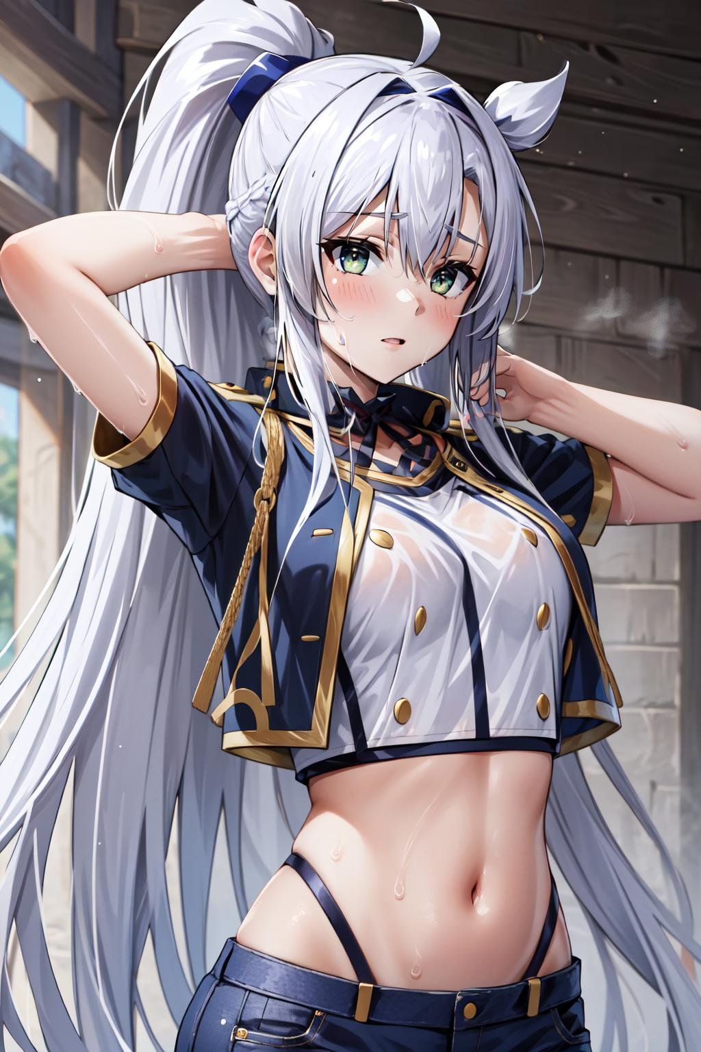 (masterpiece, best quality),  intricate details,1girl,    <lora:Sistine:0.8> pikkysistine, 1girl, midriff, navel, sweating, sweat on midriff,  <lora:mega_ponytail-1.0r4:0.8> mega ponytail, big hair, long hair, very long hair 