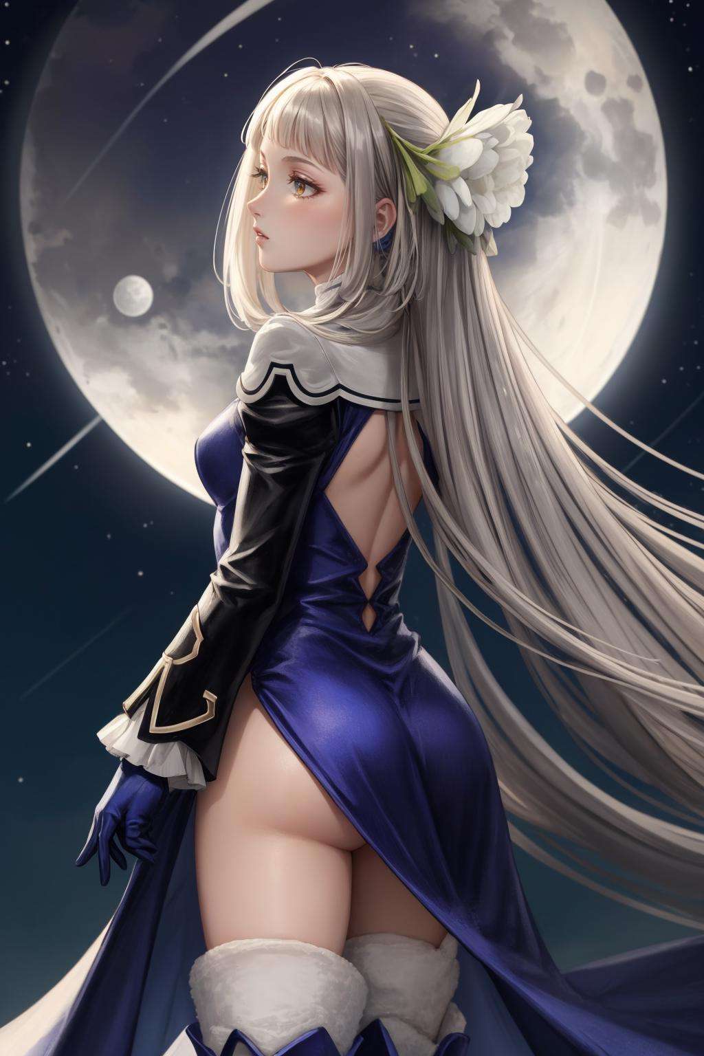 masterpiece, best quality, magnolia arch, hair flower, blue dress, black gloves, thigh boots, from behind, nighttime, moon, stars, sky, fixing hair <lora:magnolia-nvwls-v4-000009:0.9>