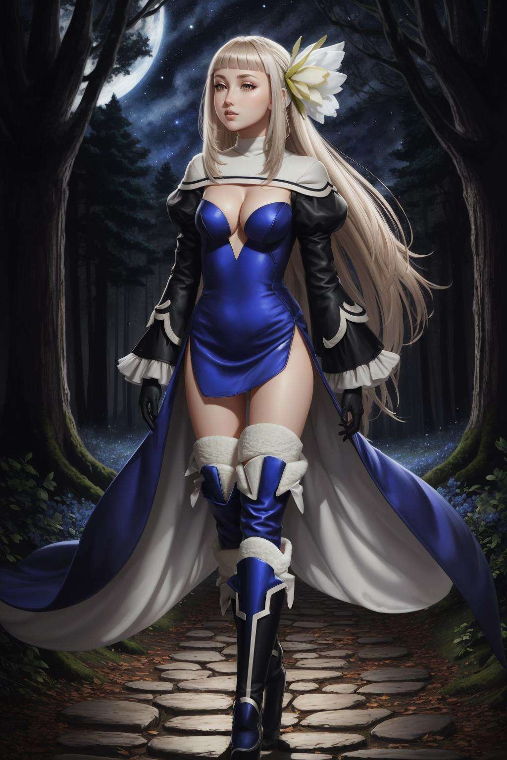 masterpiece, 4K, best quality, magnolia arch, hair flower, blue dress, black gloves, thigh boots, walking, whole body, nighttime, night sky, blue butterflies, dark forest <lora:magnolia-nvwls-v4-000009:1>