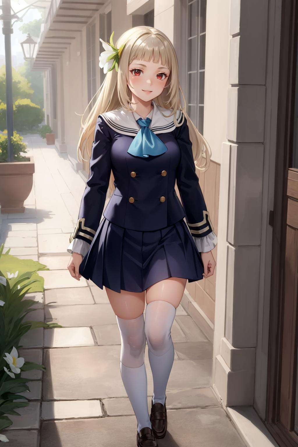 masterpiece, best quality, magnolia arch, hair flower, black schoolgirl uniform, ascot, hallway, walking, smile  <lora:magnolia-nvwls-v4-000009:0.8>