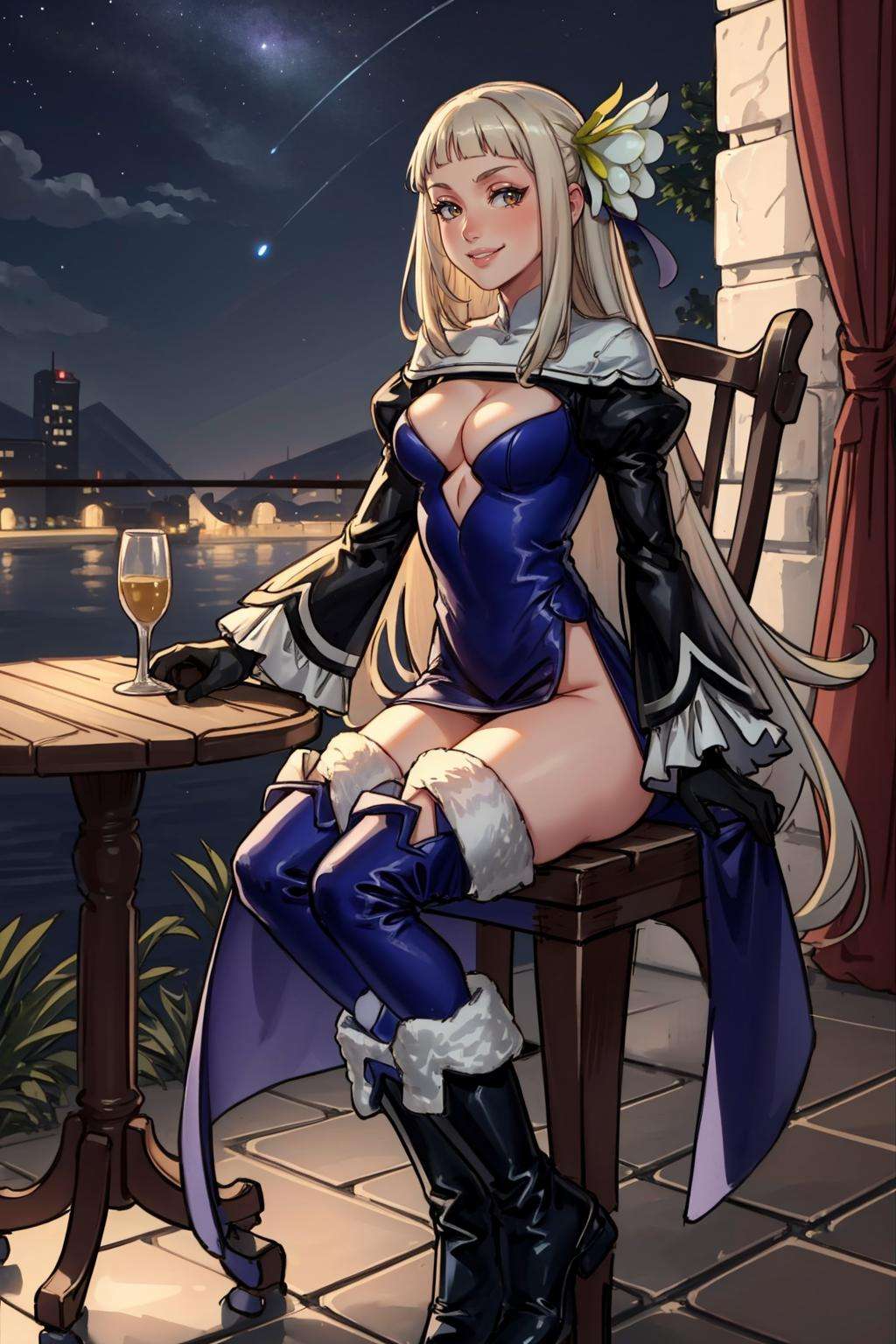 masterpiece, best quality, magnolia arch, hair flower, blue dress, black gloves, thigh boots, walking, whole body, nighttime, night sky, sitting, chair, table, smile, looking at viewer, cleavage <lora:magnolia-nvwls-v4-000009:0.9>