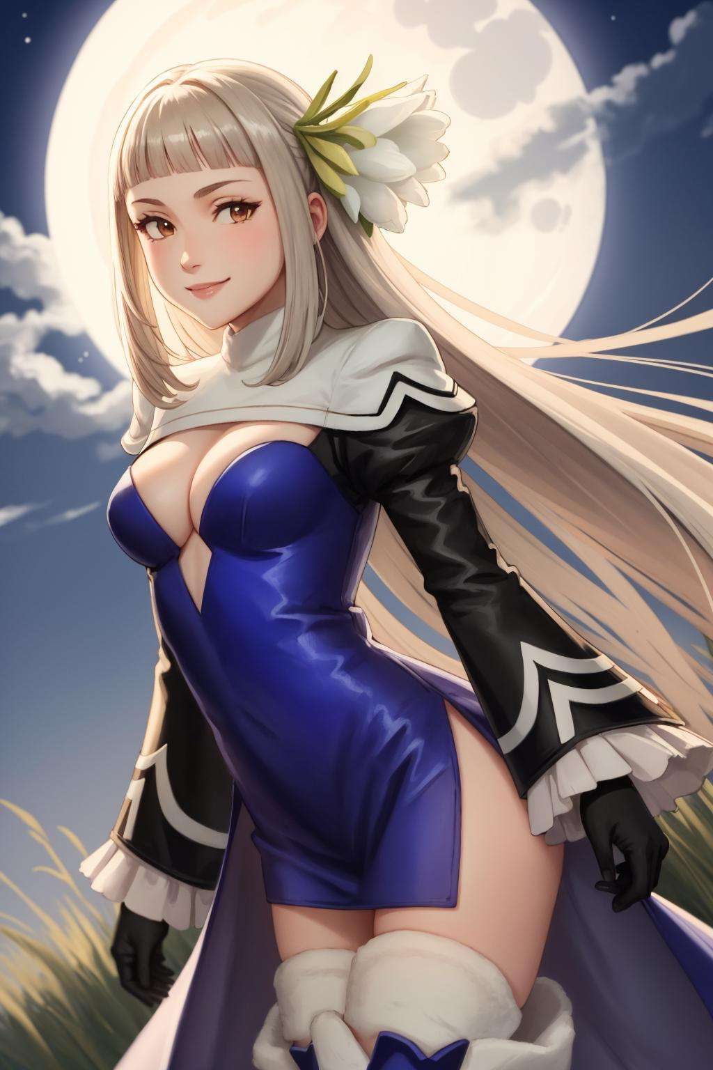 masterpiece, best quality, magnolia arch, hair flower, blue dress, black gloves, thigh boots, upper body, smile, night, moon overhead, grass, sky, wide shot, looking at viewer, moonlight, hand to heart, blue lighting <lora:magnolia-nvwls-v4-000009:1>