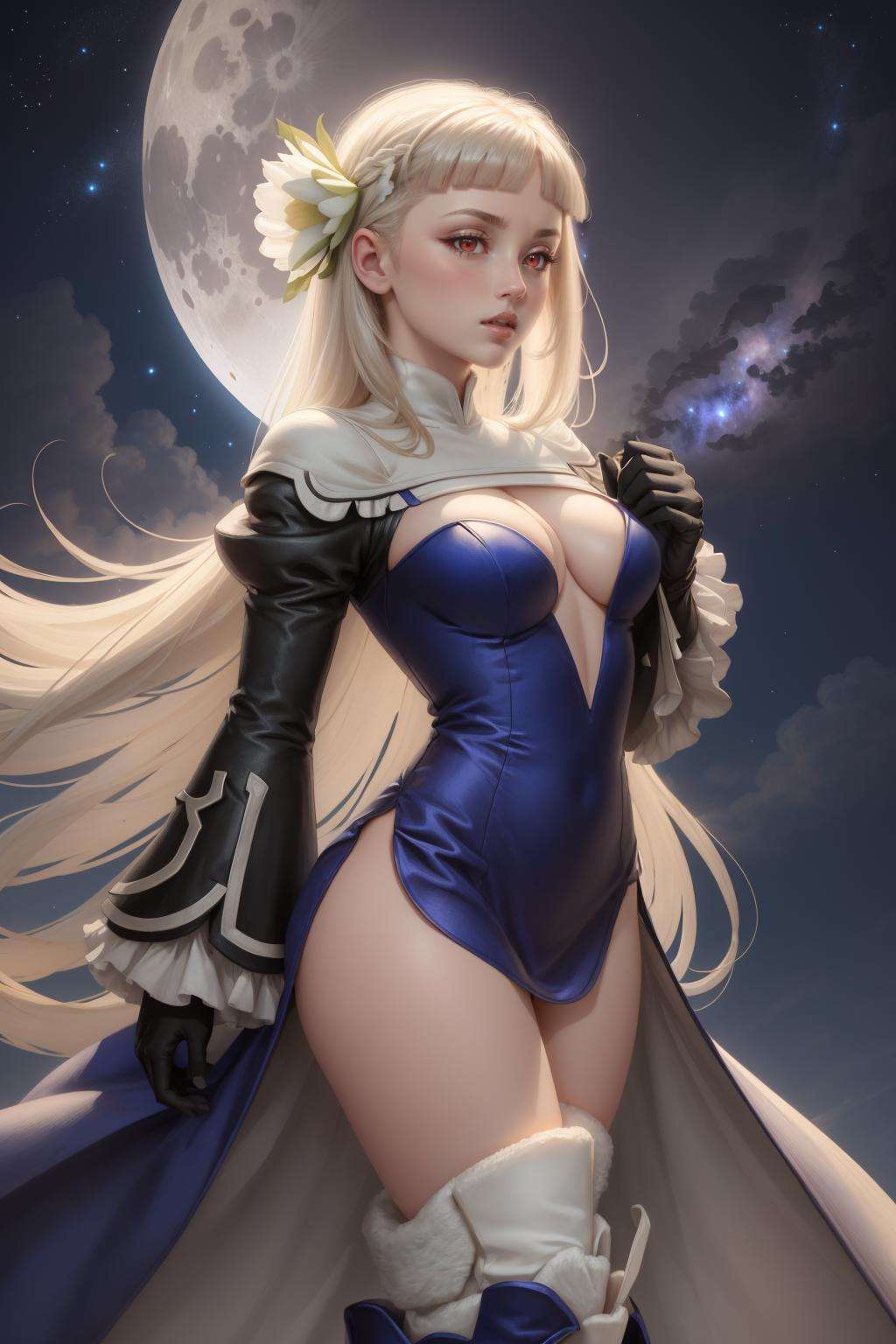 masterpiece, 4K, best quality, magnolia arch, hair flower, blue dress, black gloves, thigh boots, standing, surprised, night, moon, sky, looking at viewer, blue tint, hands to chest, fireflies, stars, nebula <lora:magnolia-nvwls-v4-000009:1>