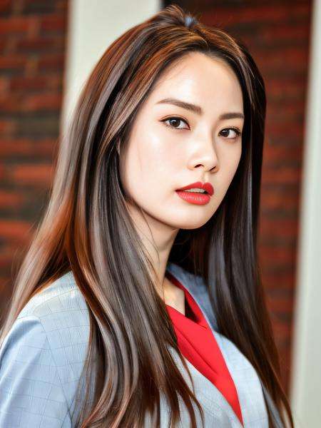Nikon RAW photo,8k ,Fujifilm XT3, masterpiece, best quality, realistic, photorealistic,ultra detailed, background blur, 1girl, female, solo,long hair, looking at the viewer, red lips, wet, slim face, sexy aura, actress, korean, sexy, portrait, nana, imjinah,