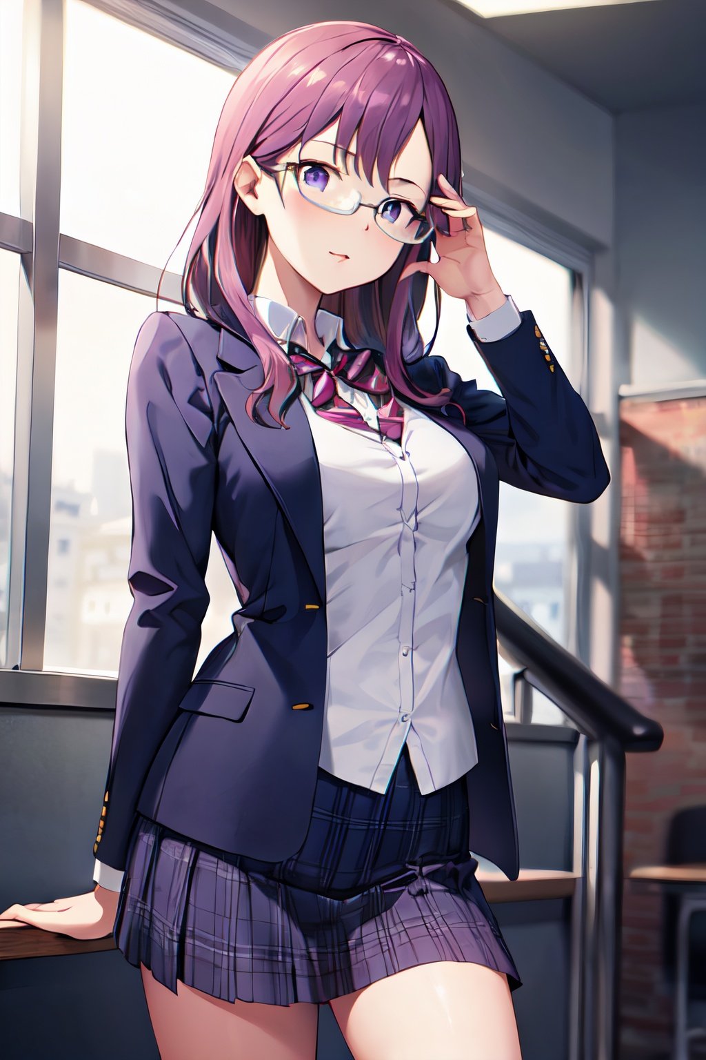 masterpiece, best quality, highres, makino, purple hair, glasses, purple eyes, school_uniform, standing, adjusting_eyewear