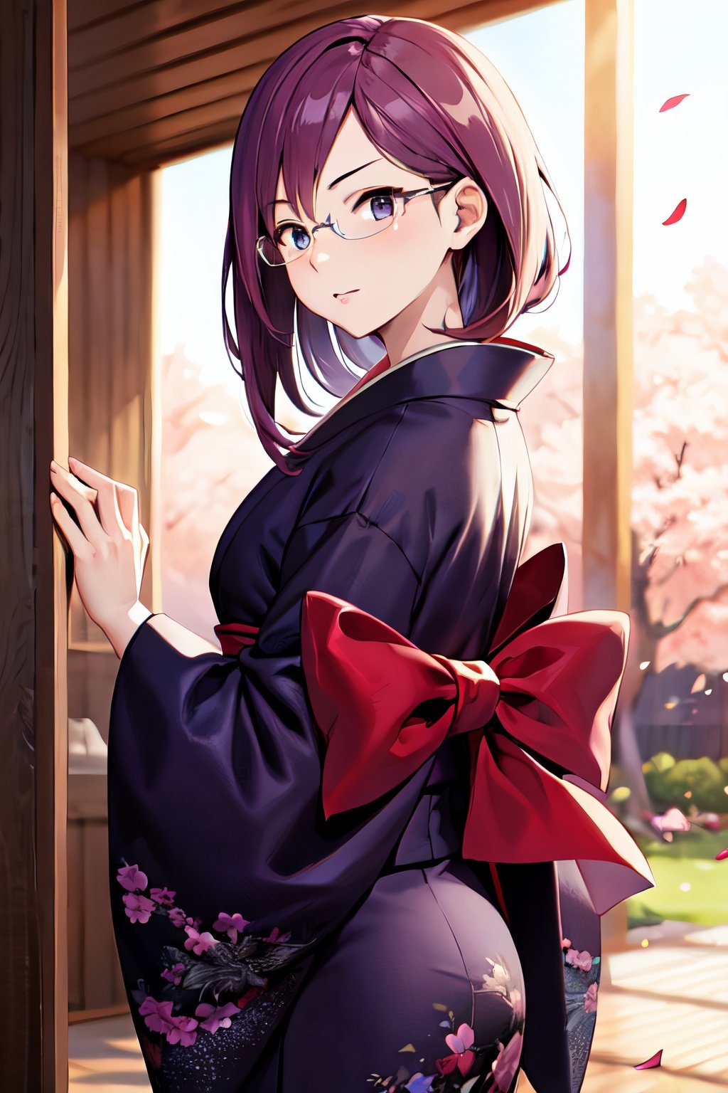 masterpiece, best quality, highres, makino, purple hair, glasses, purple eyes, kimono, flower_petals