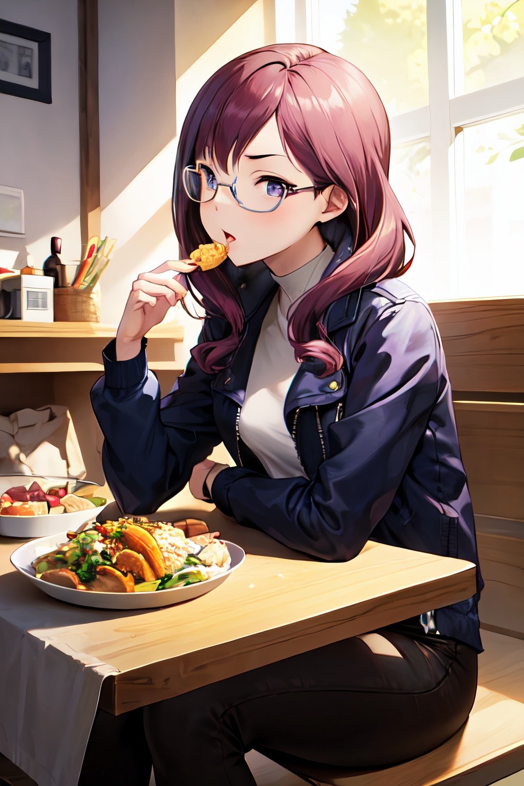 masterpiece, best quality, highres, makino, purple hair, glasses, purple eyes, jacket, sitting, food