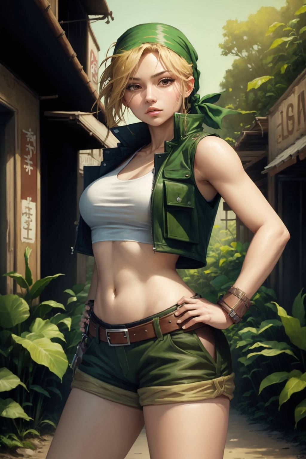 (masterpiece, best quality:1.2),cowboy shot, solo, 1girl, kasamoto eri, jungle, river, closed mouth, looking at viewer, hand on hip, bandana, open vest, crop top, short shorts, midriff,  ,<lora:MS_EriKasamato:0.7>,fcNeg, 