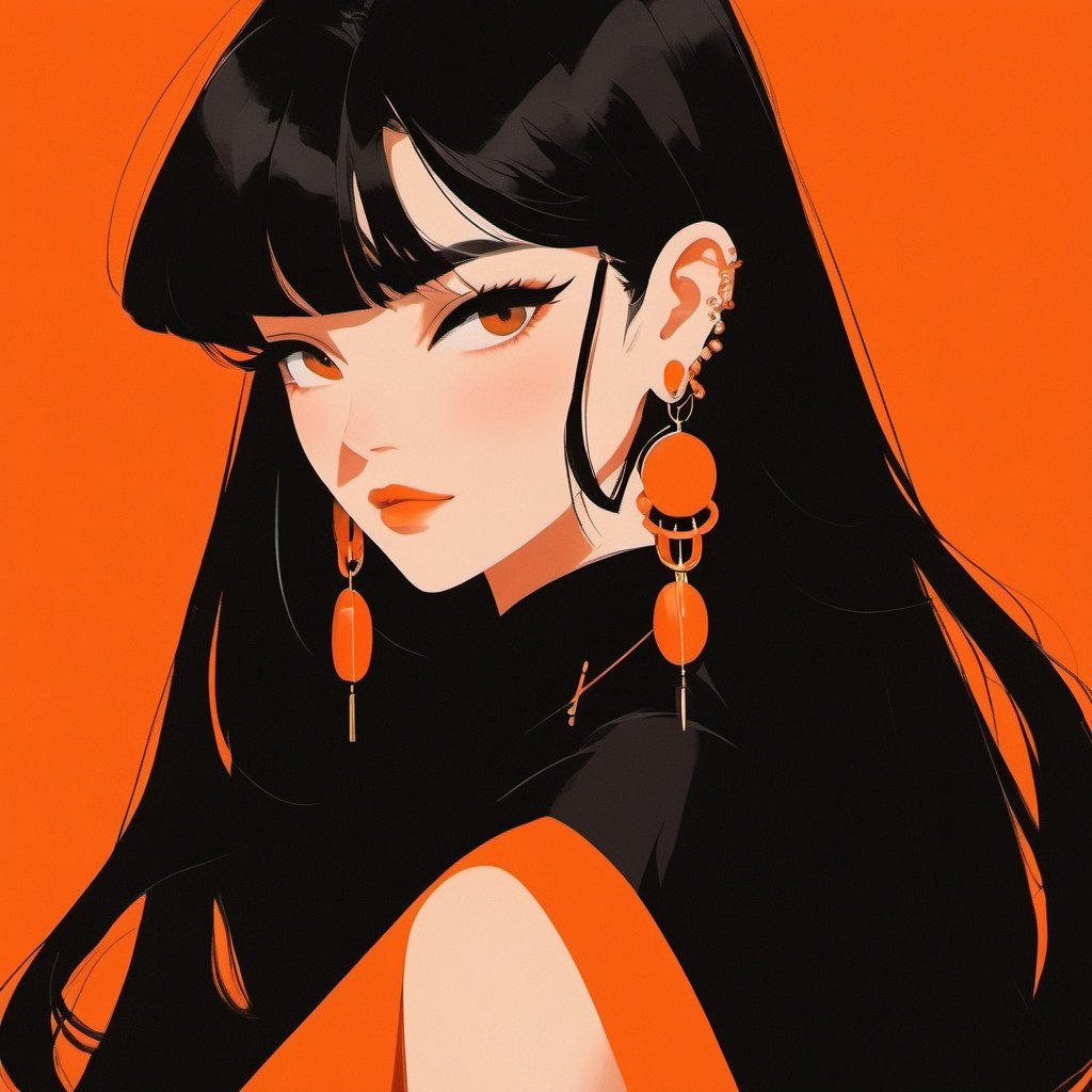 minimalism,  1girl, orange background,  solo,  jewelry,  earrings,  long hair,  black hair,  bangs,  looking at viewer,  mole, <lora:EMS-32776-EMS:0.800000>