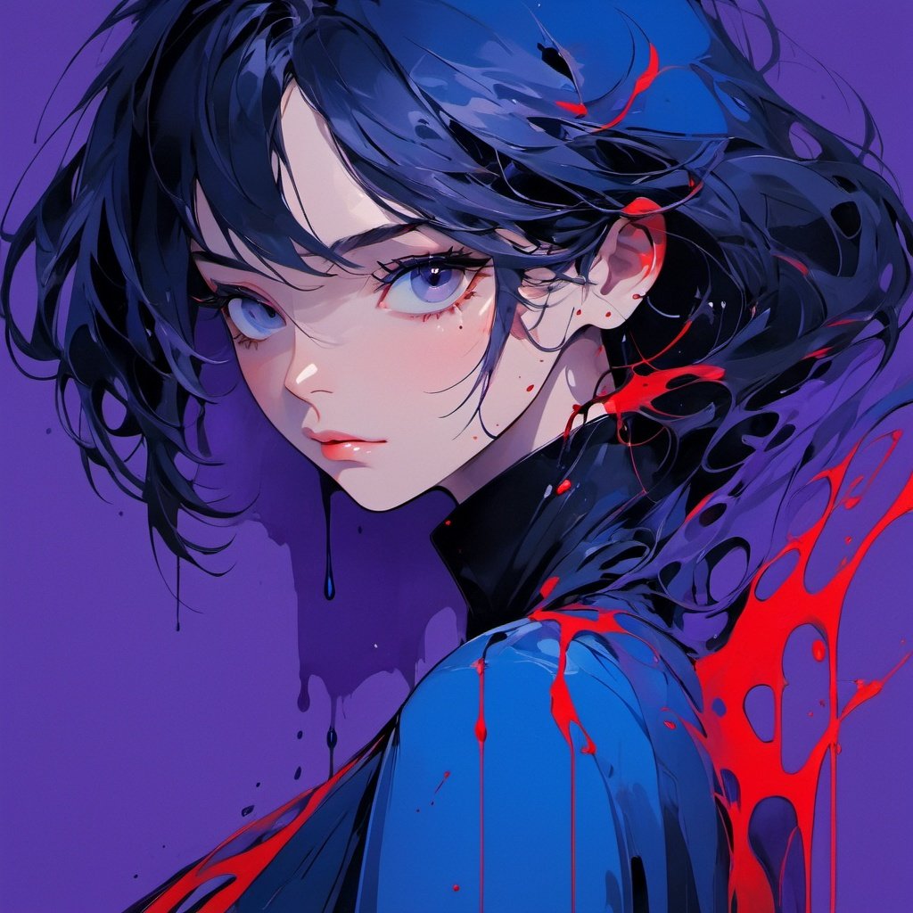 red and blue, minimalism,  solo, dripping paint,  1girl,  looking at viewer,  simple background,  purple eyes, 