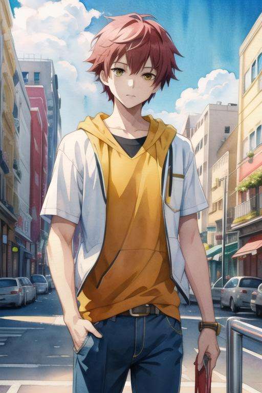 masterpiece, best quality, movie still, 1boy, solo, male focus, looking at viewer, , depth of field, (watercolor illustration, soft pastel colors:1.1), , <lora:theo_hamatora:0.70>, theo_hamatora, red hair, yellow eyes, , The City of Glas,