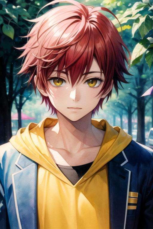 masterpiece, best quality, photorealistic, 1boy, solo, male focus, looking at viewer, , , (watercolor illustration, soft pastel colors:1.1), , <lora:theo_hamatora:0.70>, theo_hamatora, red hair, yellow eyes, decade costume, fantasy, 32k resolution