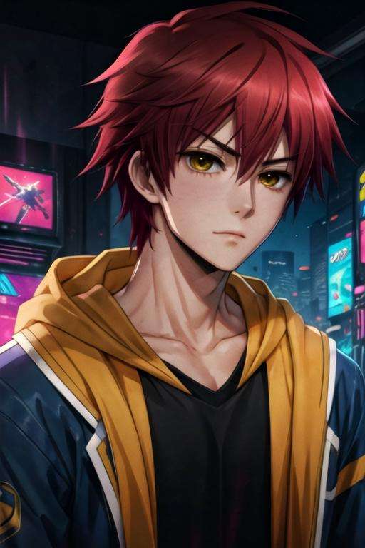 masterpiece, best quality, game cg, 1boy, solo, male focus, looking at viewer, upper body, , anime coloring, , <lora:theo_hamatora:0.72>, theo_hamatora, red hair, yellow eyes, , cyberpunk,