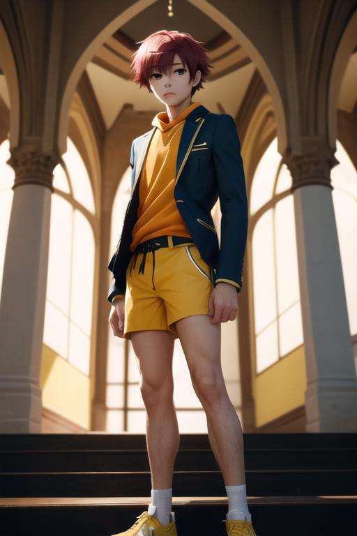 masterpiece, best quality, , 1boy, solo, male focus, looking at viewer, , depth of field, , , <lora:theo_hamatora:0.66>, theo_hamatora, red hair, yellow eyes, suit shorts, tam, mosque, 2k resolution