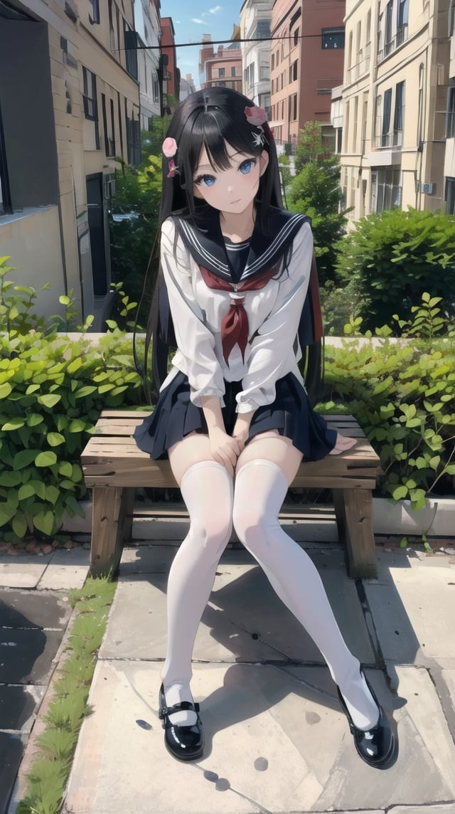 masterpiece, best quality, highly detailed, absurdres, full body, 1girl,exquisite facial features ,((serafuku)), (white thighhighs), legs,mary janes, black footwear,((cute pose)), hair ornament,sitting,<lora:gxwb:0.4>, <lora:ksxg:0.6>