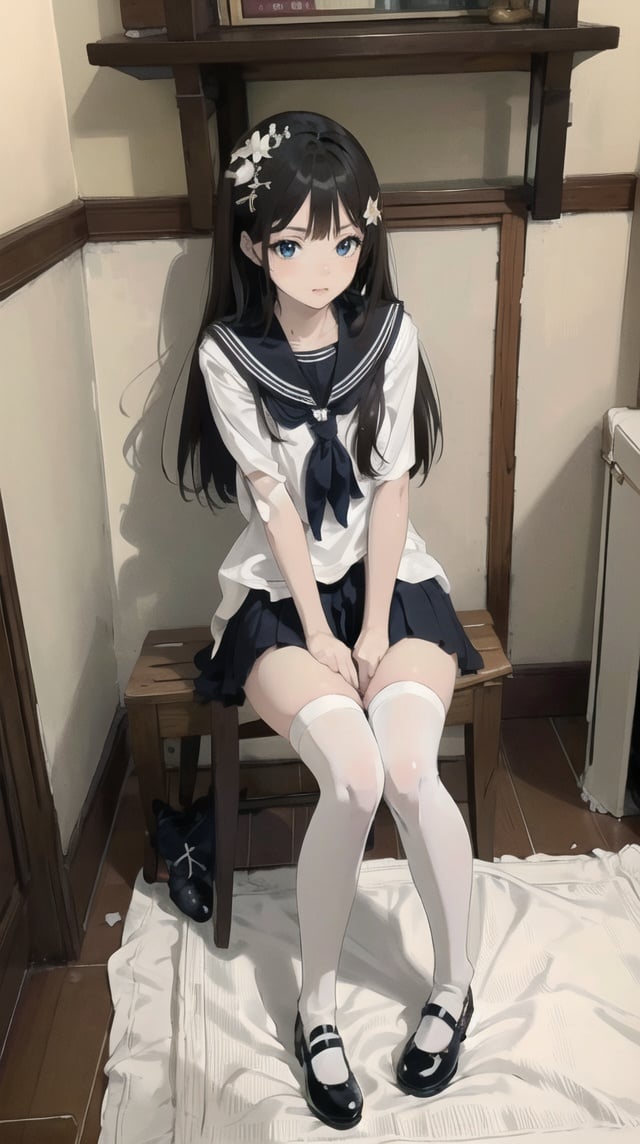 masterpiece, best quality, highly detailed, absurdres, full body, 1girl,exquisite facial features ,((serafuku)), (white thighhighs), legs,mary janes, black footwear,((cute pose)), hair ornament,sitting,<lora:gxwb:0.4>, <lora:ksxg:0.6>