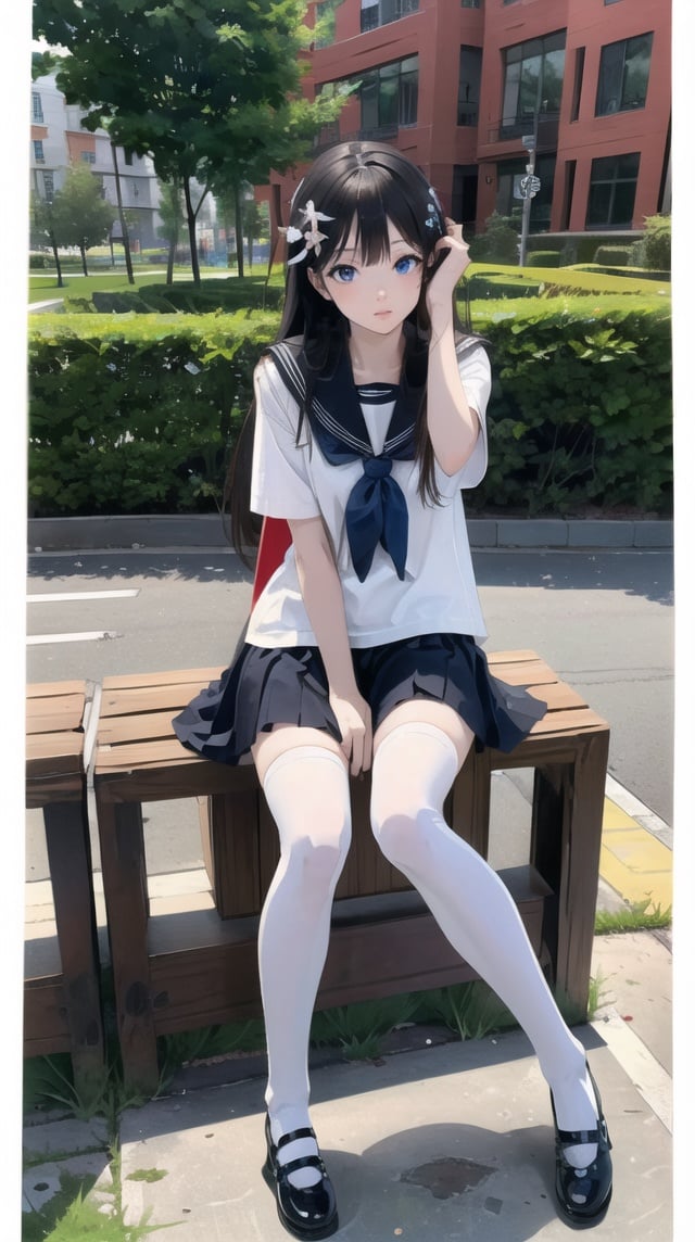 masterpiece, best quality, highly detailed, absurdres, full body, 1girl,exquisite facial features ,((serafuku)), (white thighhighs), legs,mary janes, black footwear,((cute pose)), hair ornament,sitting,<lora:gxwb:0.4>, <lora:ksxg:0.6>