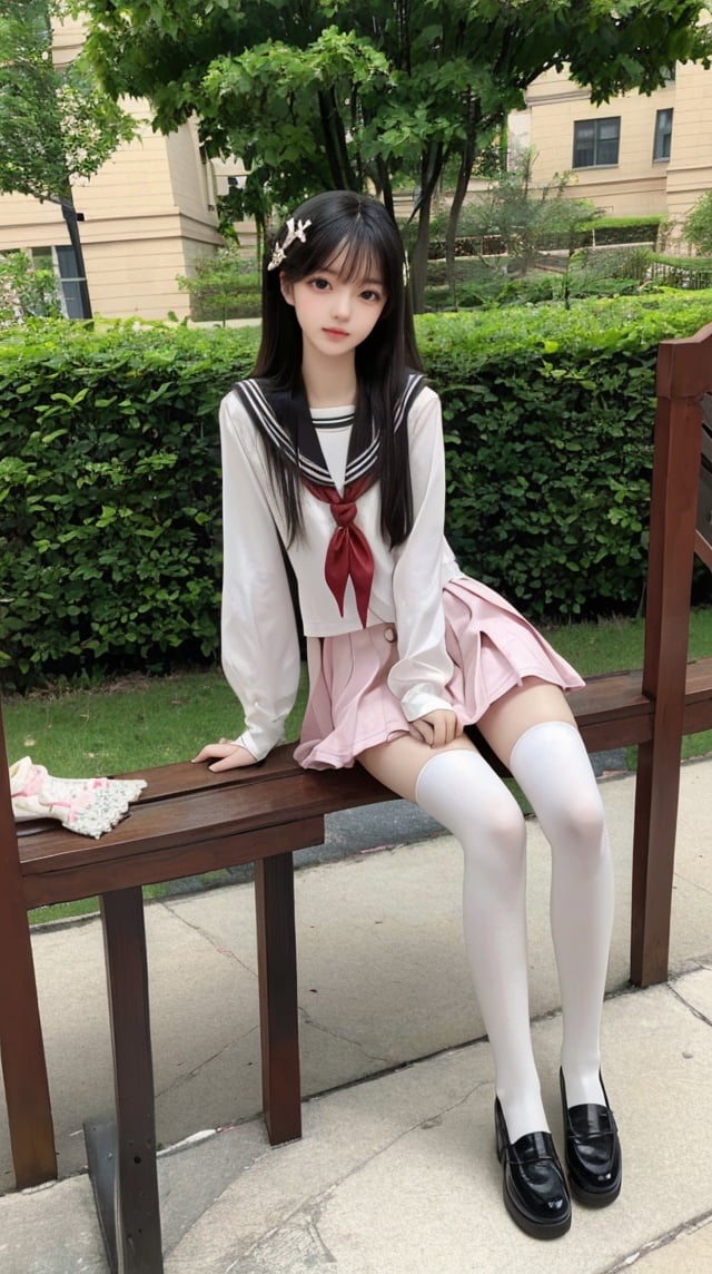 masterpiece, best quality, highly detailed, absurdres, full body, 1girl,exquisite facial features ,((serafuku)), (white thighhighs), legs,mary janes, black footwear,((cute pose)), hair ornament,sitting,<lora:gxwb:0.4>, <lora:ksxg:0.6>