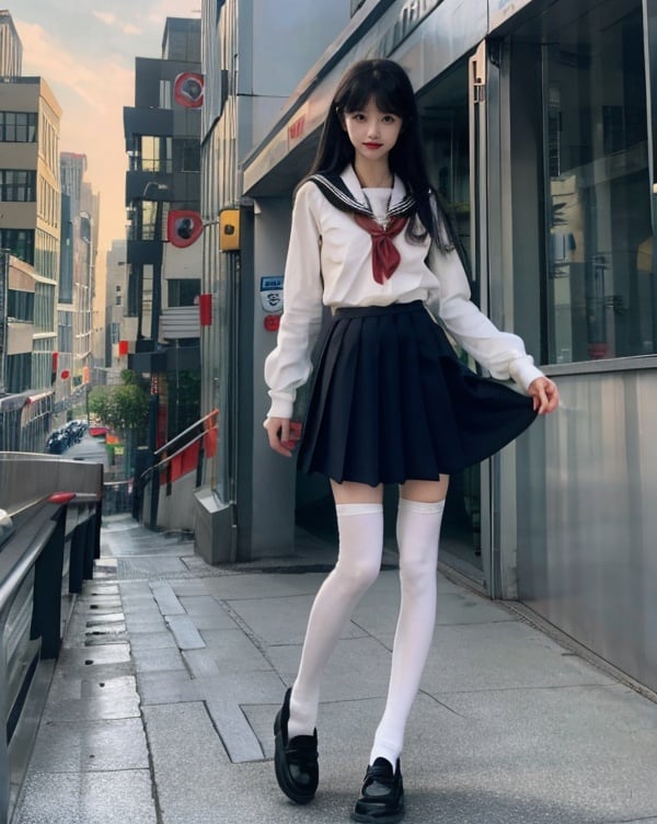 (((masterpiece))), (((best quality))), ((ultra-detailed)), (illustration), (detailed light),((an extremely delicate and beautiful)),(beautiful detailed eyes),1girl, long hair,black hair,light smile, hair clip, hairclip,school uniform,plaid skirt,white thighhighs,legs,loafers,((black footwear)),standing,full body,road,city,day,looking_at_viewer,<lora:gxwb:0.4>,  <lora:jyy:0.7>