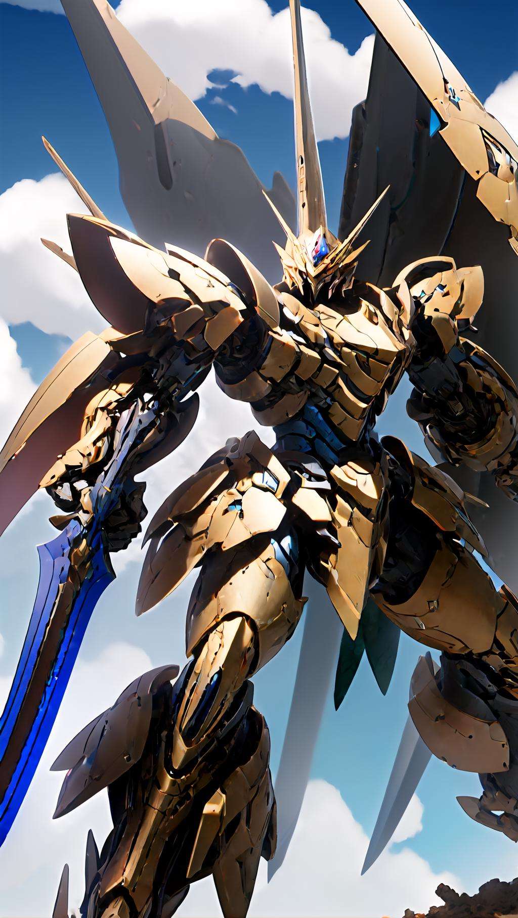 (FRS:1.5), a (((mecha))) with sleek and menacing design, holding weapon, full knight armor , glowing ,heroic parts, mechanical parts, robot jointsBREAKbest quality, masterpiece, (ultra-detailed:1.5), (huge mechanical weapon:1.3),(detailed armor description:1.2),(detailed weapon description:1.2)BREAKsky, cloud,  battlefield, glowing_eyes, science_fiction, realistic, <lora:srd_v3e:0.6>