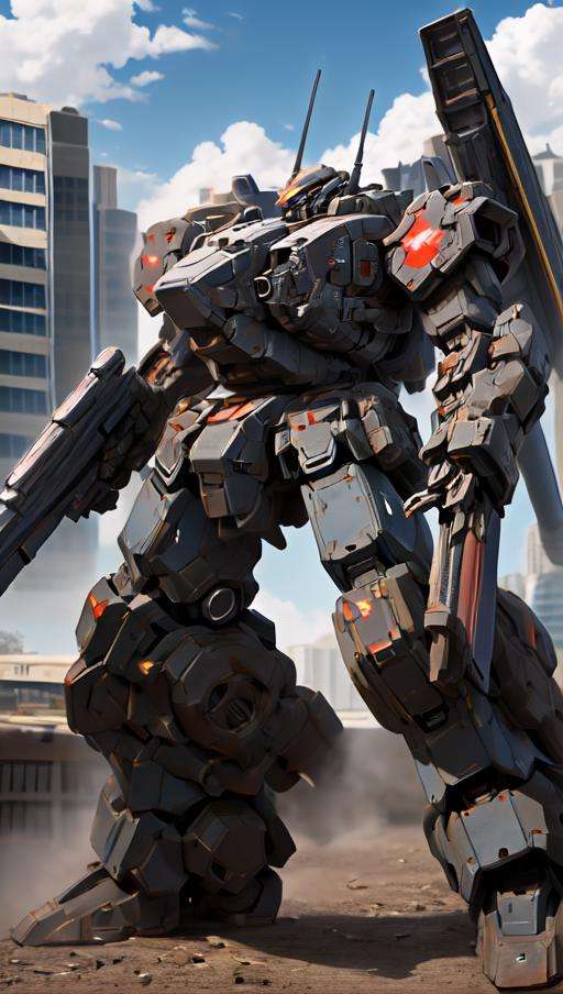 sky, cloud, holding_weapon, (battletech:1.2), a (((mecha))) with sleek and menacing design,  a heavy mech, hard surface, hawken, sci-fi, battlefield, glowing ,heroic parts, mechanical parts, robot joints,(huge shield:1.2),best quality, masterpiece, highly detailed, ultra-detailed, (huge mechanical weapon:1.3),(detailed armor description:1.2),(detailed weapon description:1.2),(huge mechanical gun:1.2)BREAKbuilding, glowing_eyes, science_fiction, city, realistic, <lora:srd_v3e:0.6>