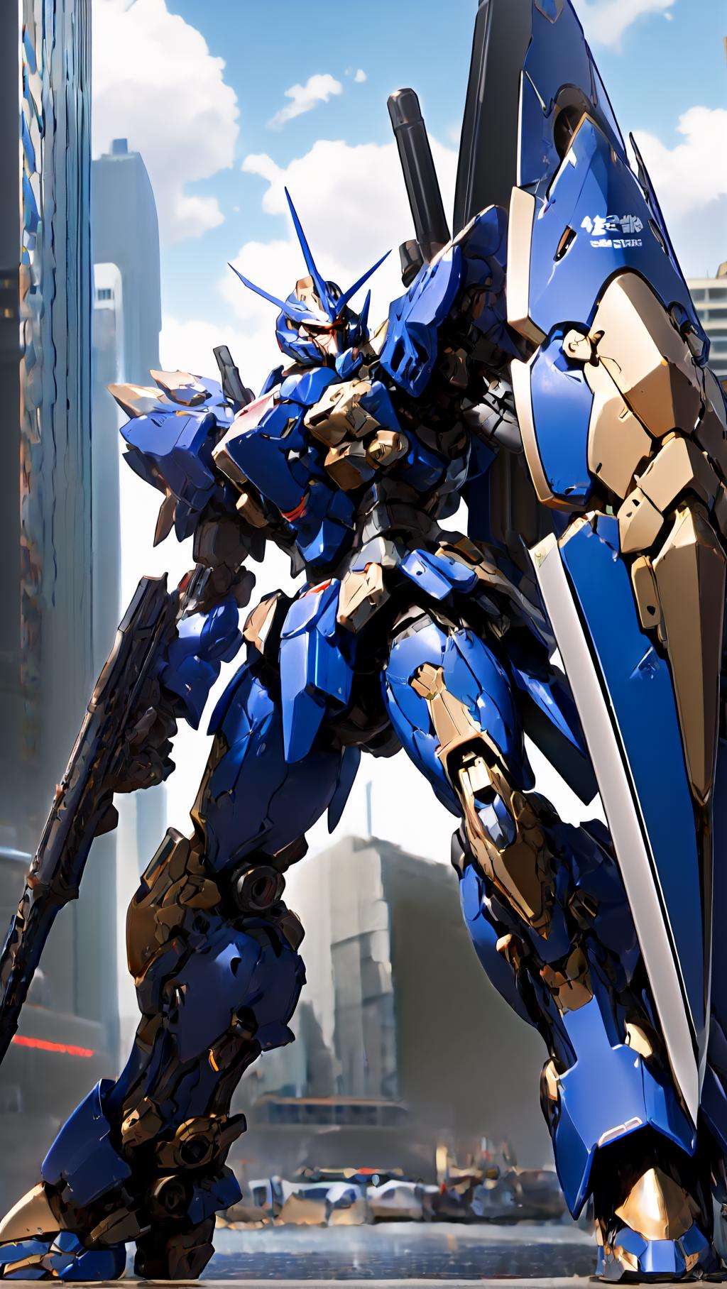 sky, cloud, holding_weapon, a (((mecha))) with sleek and menacing design, glowing ,heroic parts, mechanical parts, robot joints,(huge shield:1.2),best quality, masterpiece, highly detailed, ultra-detailed,(battle-ready:1.2),(powerful stance:1.3),(Detailed eye description:1.2),(huge mechanical weapon:1.3),(detailed armor description:1.2),(detailed shield description:1.2),(detailed weapon description:1.2),(huge mechanical gun:1.2),(holding gun and weapon :1.3)BREAKbuilding, glowing_eyes, science_fiction, city, realistic, <lora:srd_v3e:0.6>