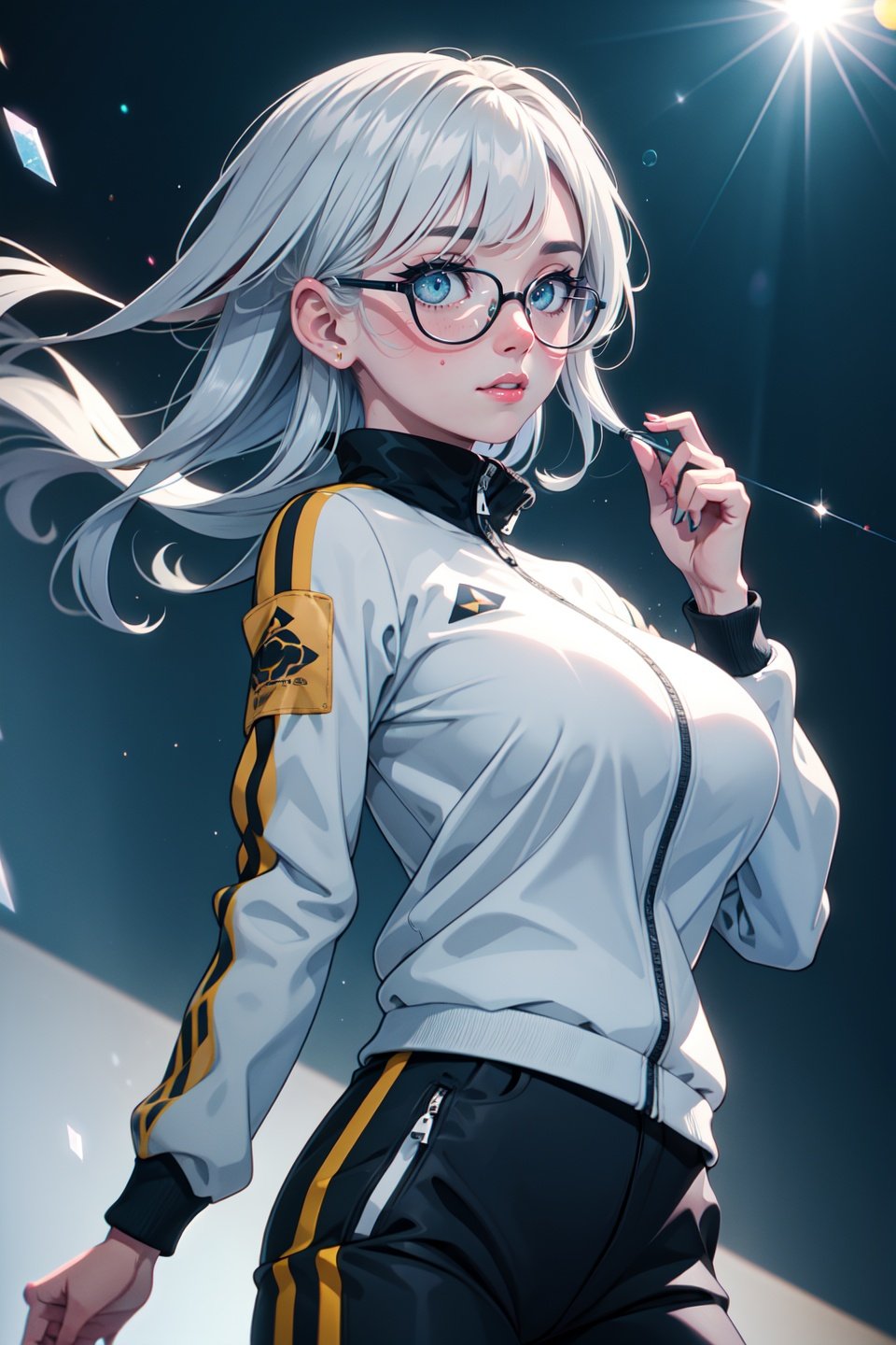(masterpiece, best quality, ultra-detailed), (beautiful detailed face, beautiful detailed eyes, volumetric lighting),1girl, solo, (dutch angle:1.2),straight hair hair, black hair, (Sapphire eyes:1.1), gigantic breasts,glasses, aquamarine tracksuit, (silver safari jacket),mksks style, (beautiful detailed ridge at  twightlight:1.2), (light particles, lens flare, chromatic aberration:1.3),