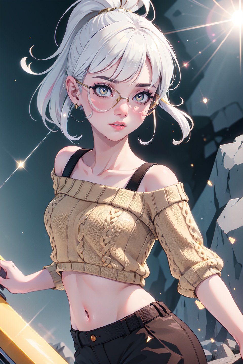 (masterpiece, best quality, ultra-detailed), (beautiful detailed face, beautiful detailed eyes, volumetric lighting),1girl, solo, (dutch angle:1.3),(white hair, gold eyes:1.4), flat chest, ponytail hair,(dark brown sweater, yellow tube top:1.2), glasses,mksks style, (beautiful detailed rock, morning:1.2), (light particles, lens flare, chromatic aberration:1.3),