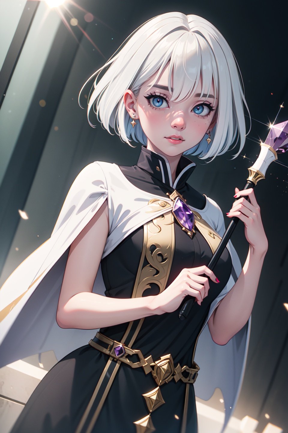 (masterpiece, best quality, ultra-detailed), (beautiful detailed face, beautiful detailed eyes, volumetric lighting),1girl, solo, (dutch angle:1.3),(white hair, grey eyes:1.4), small breasts, choppy bob hair,(amethyst luxury fashion, gold tabard:1.2), plague doctor mask,mksks style, (beautiful detailed stream, morning:1.2), (light particles, lens flare, chromatic aberration:1.3),