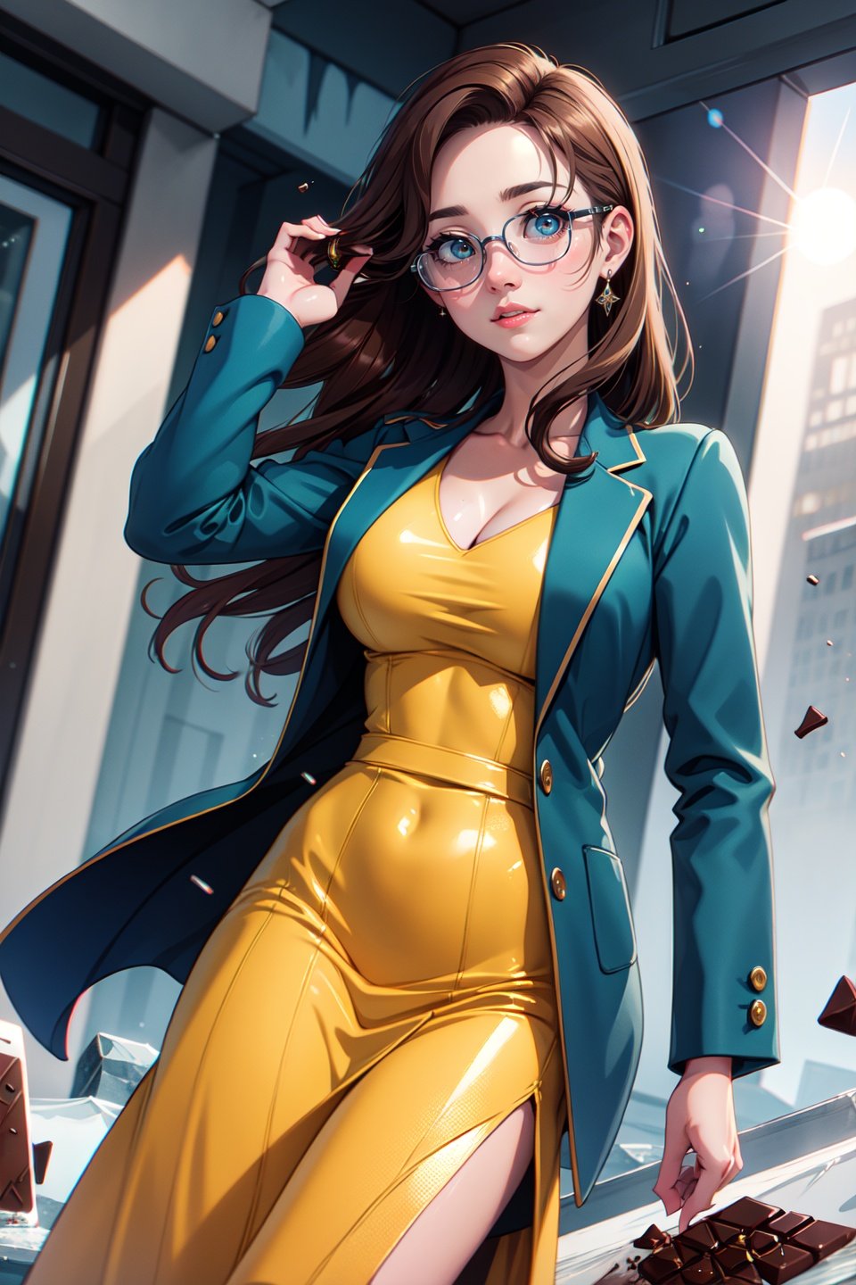 (masterpiece, best quality, ultra-detailed), (beautiful detailed face, beautiful detailed eyes, volumetric lighting),1girl, solo, (dutch angle:1.3),(chocolate hair, BREAK ice blue eyes:1.4), large breasts, long hair hair,(yellow prom dress, grey-blue suit jacket:1.2), glasses,mksks style, (beautiful detailed fjord, afternoon:1.2), (light particles, lens flare, chromatic aberration:1.3),