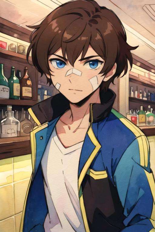 masterpiece, best quality, sketch, 1boy, solo, male focus, looking at viewer, , , (watercolor illustration, soft pastel colors:1.1), , <lora:nice_hamatora:0.66>, nice_hamatora, brown hair, blue eyes, track jacket, , bar, High resolution