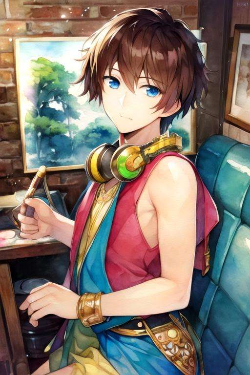 masterpiece, best quality, photorealistic, 1boy, solo, male focus, looking at viewer, upper body, , (watercolor illustration, soft pastel colors:1.1), realistic, <lora:nice_hamatora:0.72>, nice_hamatora, brown hair, blue eyes, greek costume, science fiction steam punk,