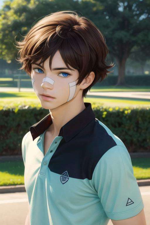 masterpiece, best quality, game cg, 1boy, solo, male focus, looking at viewer, upper body, , (watercolor illustration, soft pastel colors:1.1), realistic, <lora:nice_hamatora:0.74>, nice_hamatora, brown hair, blue eyes, polo shirt, , aztec,