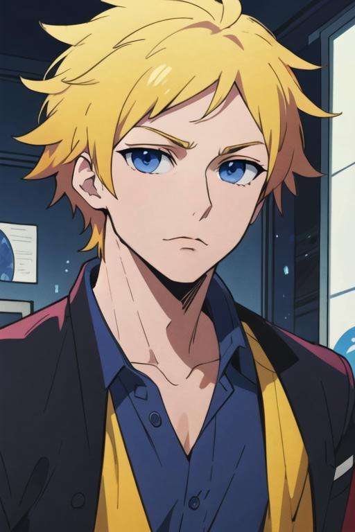 masterpiece, best quality, wallpaper, 1boy, solo, male focus, looking at viewer, upper body, , anime coloring, , <lora:birthday_hamatora:0.72>, birthday_hamatora, blonde hair, blue eyes, , , science fiction detective, HD-DVD