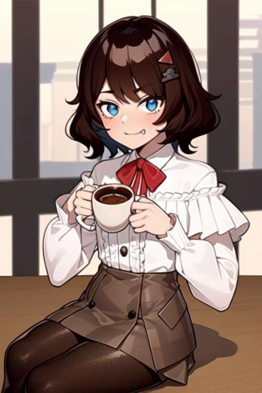 (masterpiece, best quality:1.2), <lora:Jovilly-09:0.9>, jovilly, 1girl, solo, cowboy shot, frilled shirt, brown skirt, blue eyes, brown short hair, hair ornament, frilled sleeves, brown pantyhose, looking at viewer, smug, confident, sitting, coffee shop background