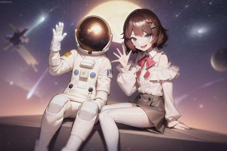 masterpiece, best quality, 2girl, space, moon, bright, light theme, outer space, stars, looking at viewer, illustration, lens perspective, hyper detailed, ultra detailed, particles BREAK 1girl, (((astronaut suit, astronaut, space suit))), sitting, waving BREAK 1girl, <lora:Jovilly-08:0.9>, jovilly, frilled shirt, blue eyes, brown short hair, hair ornament, frilled sleeves, brown skirt, brown pantyhose, boots, cross-laced footwear, looking at viewer, happy, wide smile, sitting, waving